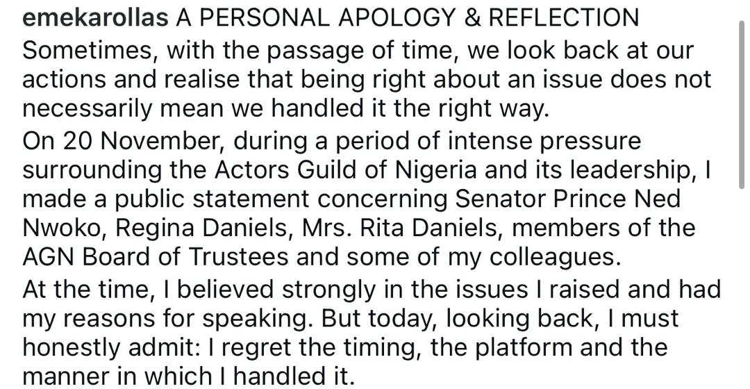 Ex AGN President, Emeka Rollas tenders apology to Regina Daniels, her mum Rita Daniels and Senator Ned Nwoko